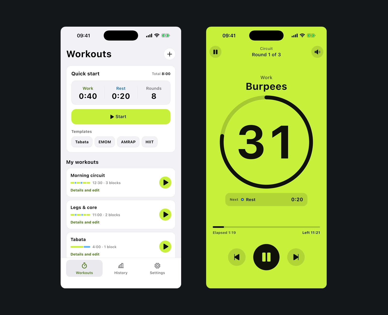 FitTimer, app screens